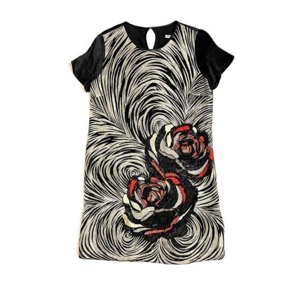 Eliza J Dress Gold Embroidered Front Black Satin Shift Cocktail Dress Sz 6 New